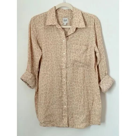 Gap 100% Linen Animal Print Shirt Women's Size Small New Neutral Classic N64 - Picture 2 of 14